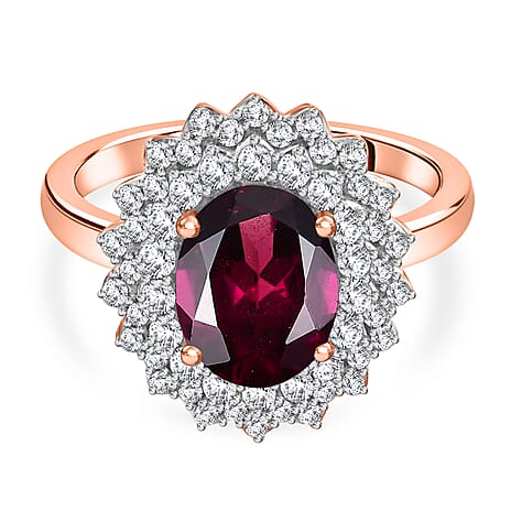 Orissa Natural Rhodolite Garnet & White Zircon Ring in 18K Vermeil Rose Gold Plated Sterling Silver 2.67 Ct.