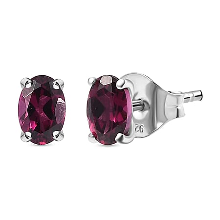 Orissa Natural Rhodolite Garnet Solitaire Stud Push Post Earring in Rhodium Overlay Sterling Silver 1.172  Ct.