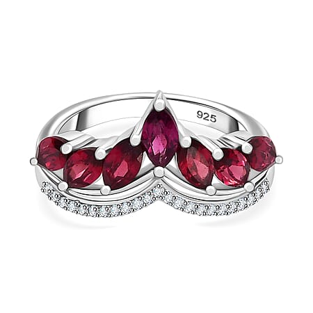 Orissa Natural Rhodolite Garnet & White Zircon Band Ring in Rhodium Overlay Sterling Silver 2.54 Ct.