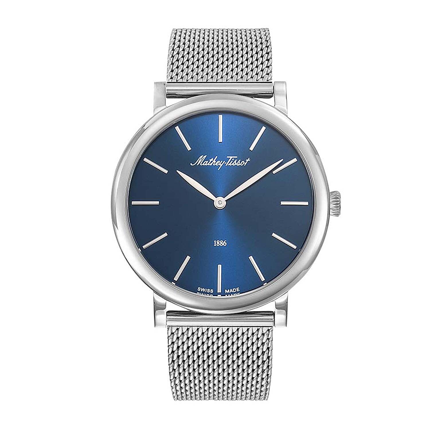Mathey Tissot Monsoon Swiss Movt. 5ATM WR Blue Dial Mens Watch with Silver Colour Stainless Steel Mesh Strap