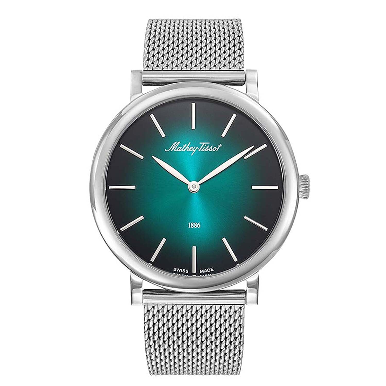 Mathey Tissot Monsoon Swiss Movt. 5ATM WR Green Dial Mens Watch with Silver Colour Stainless Steel Mesh Strap
