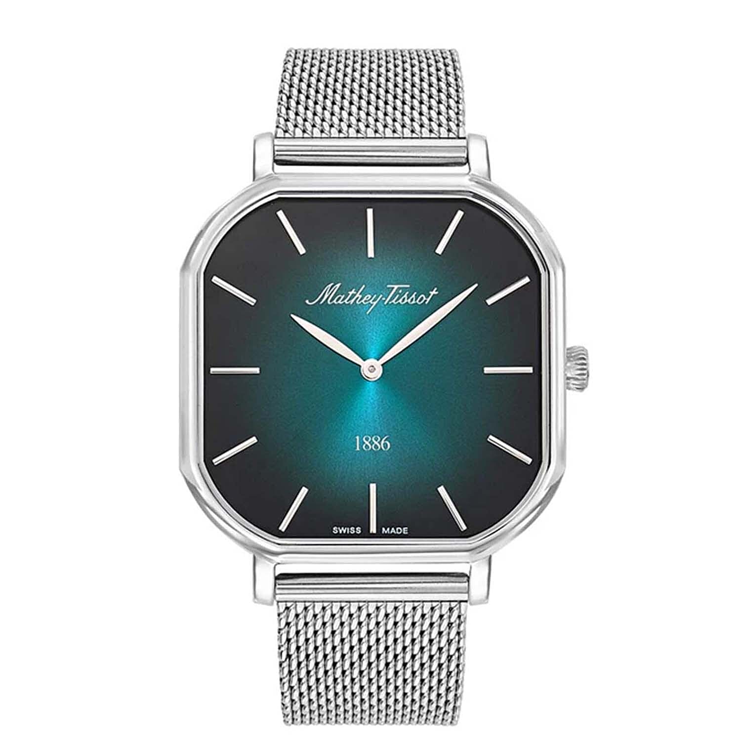 Mathey Tissot Monsoon Square Swiss Movt. 3ATM WR Green Dial Mens Watch with Silver Colour Stainless Steel Mesh Strap