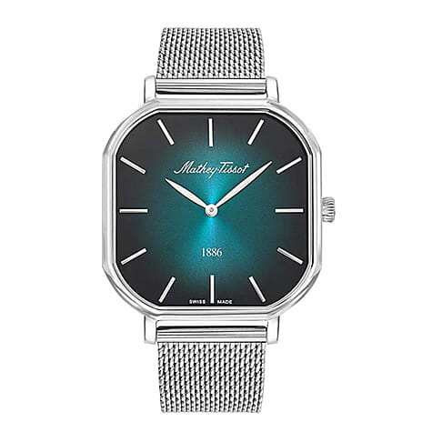 Mathey Tissot Monsoon Square Swiss Movt. 3ATM WR Green Dial Mens Watch with Silver Colour Stainless Steel Mesh Strap