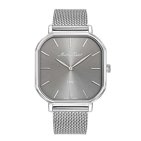 Mathey Tissot Monsoon Square Swiss Movt. 3ATM WR Grey Dial Mens Watch with Silver Colour Stainless Steel Mesh Strap