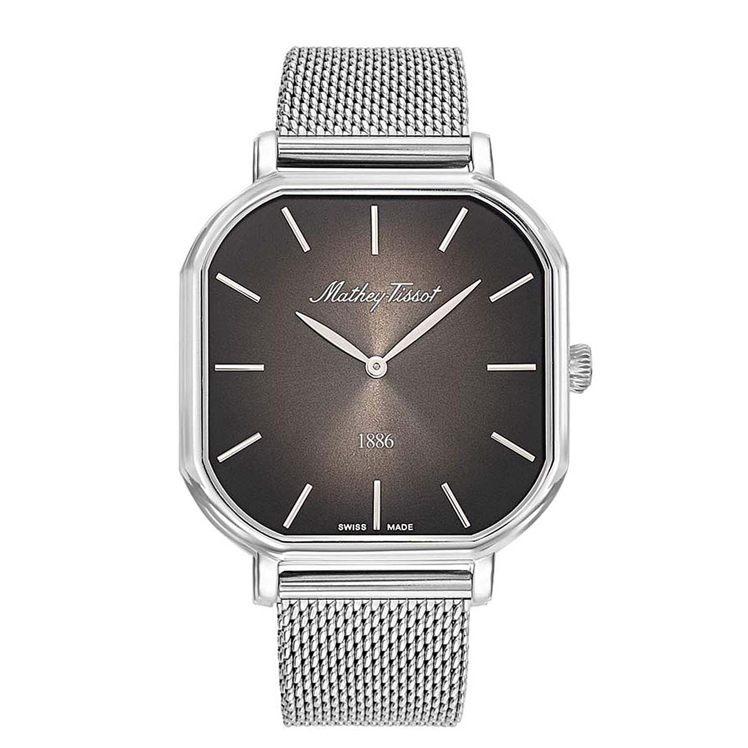 Mathey Tissot Monsoon Square Swiss Movt. 3ATM WR Black Dial Mens Watch with Silver Colour Stainless Steel Mesh Strap