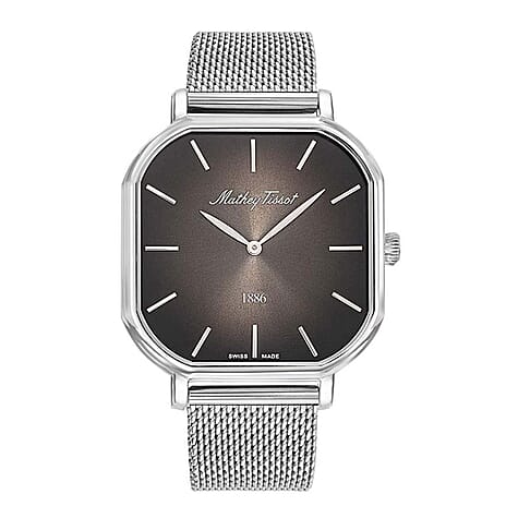 Mathey Tissot Monsoon Square Swiss Movt. 3ATM WR Black Dial Mens Watch with Silver Colour Stainless Steel Mesh Strap