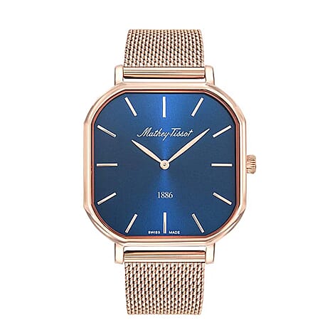 Mathey Tissot Monsoon Square Swiss Movt. 3ATM WR Blue Dial Mens Watch with Rose Colour Stainless Steel Mesh Strap