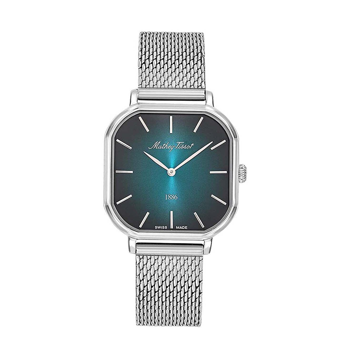 Mathey Tissot Monsoon Square Swiss Movt. 3ATM WR Green Dial Ladies Watch with Silver Colour Stainless Steel Mesh Strap