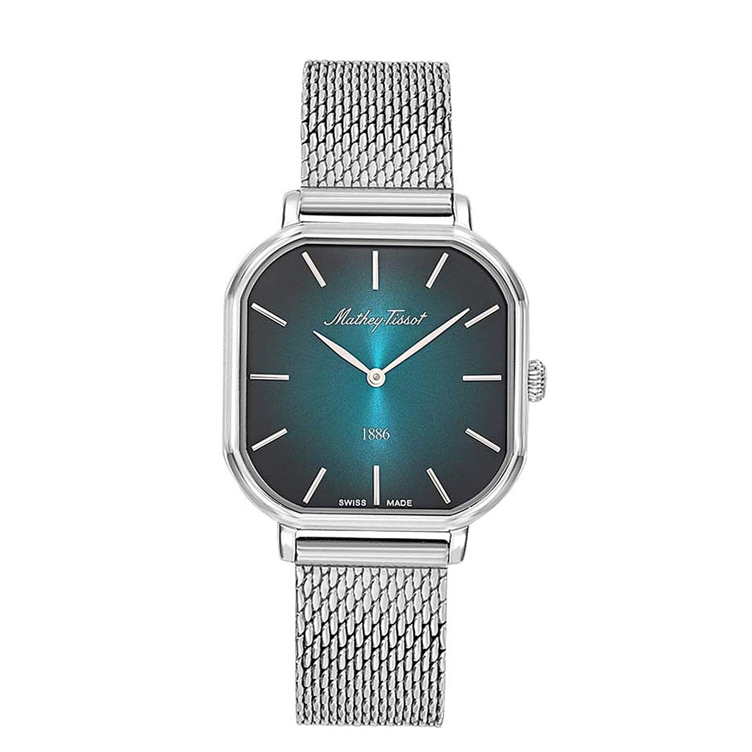 Mathey Tissot Monsoon Square Swiss Movt. 3ATM WR Green Dial Ladies Watch with Silver Colour Stainless Steel Mesh Strap