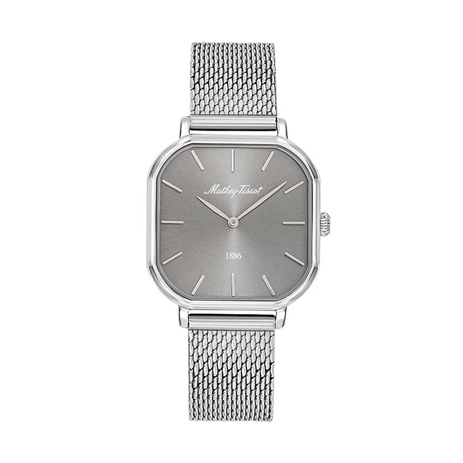 Mathey Tissot Monsoon Square Swiss Movt. 3ATM WR Grey Dial Ladies Watch with Silver Colour Stainless Steel Mesh Strap