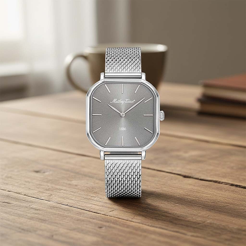 Mathey Tissot Monsoon Square Swiss Movt. 3ATM WR Grey Dial Ladies Watch with Silver Colour Stainless Steel Mesh Strap