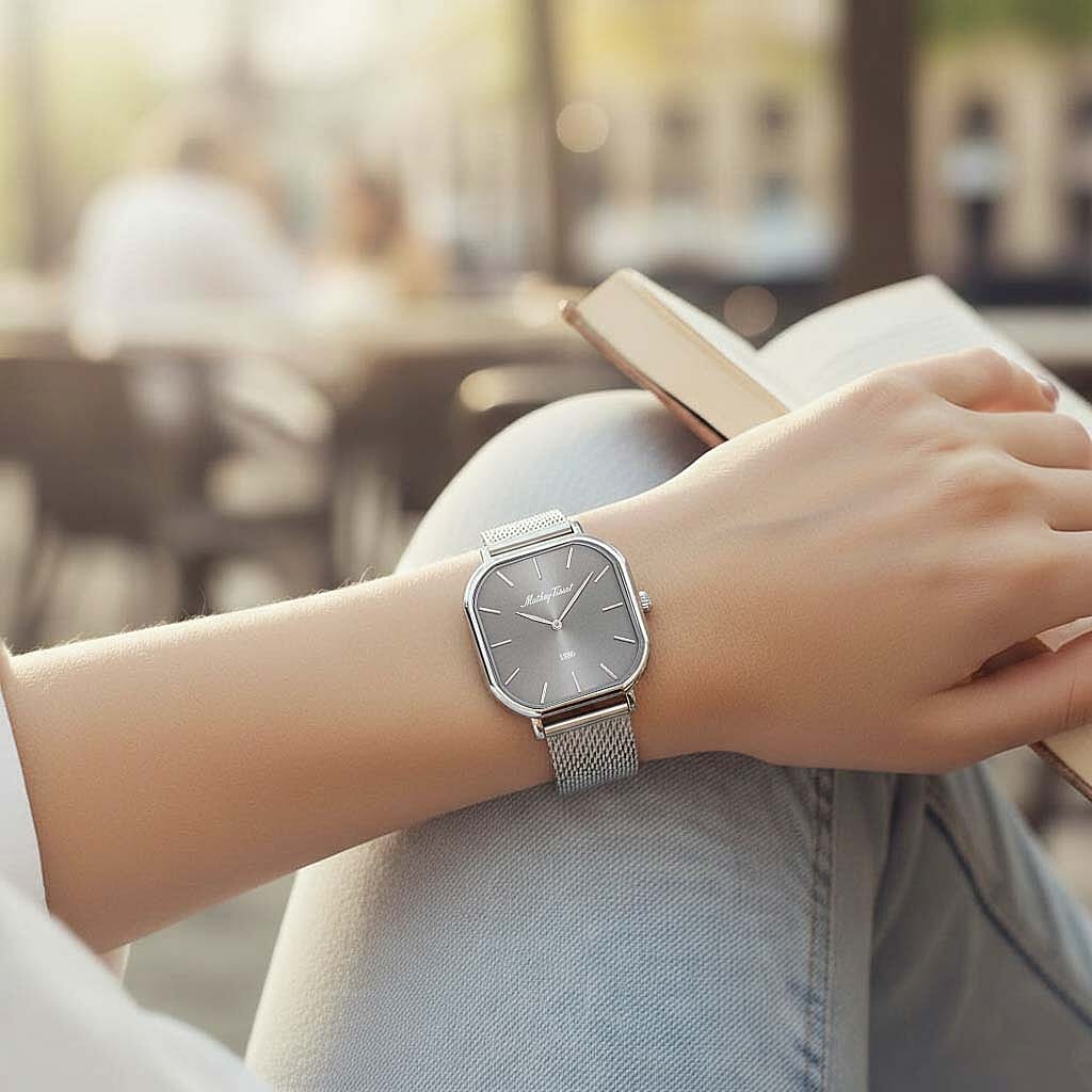 Mathey Tissot Monsoon Square Swiss Movt. 3ATM WR Grey Dial Ladies Watch with Silver Colour Stainless Steel Mesh Strap