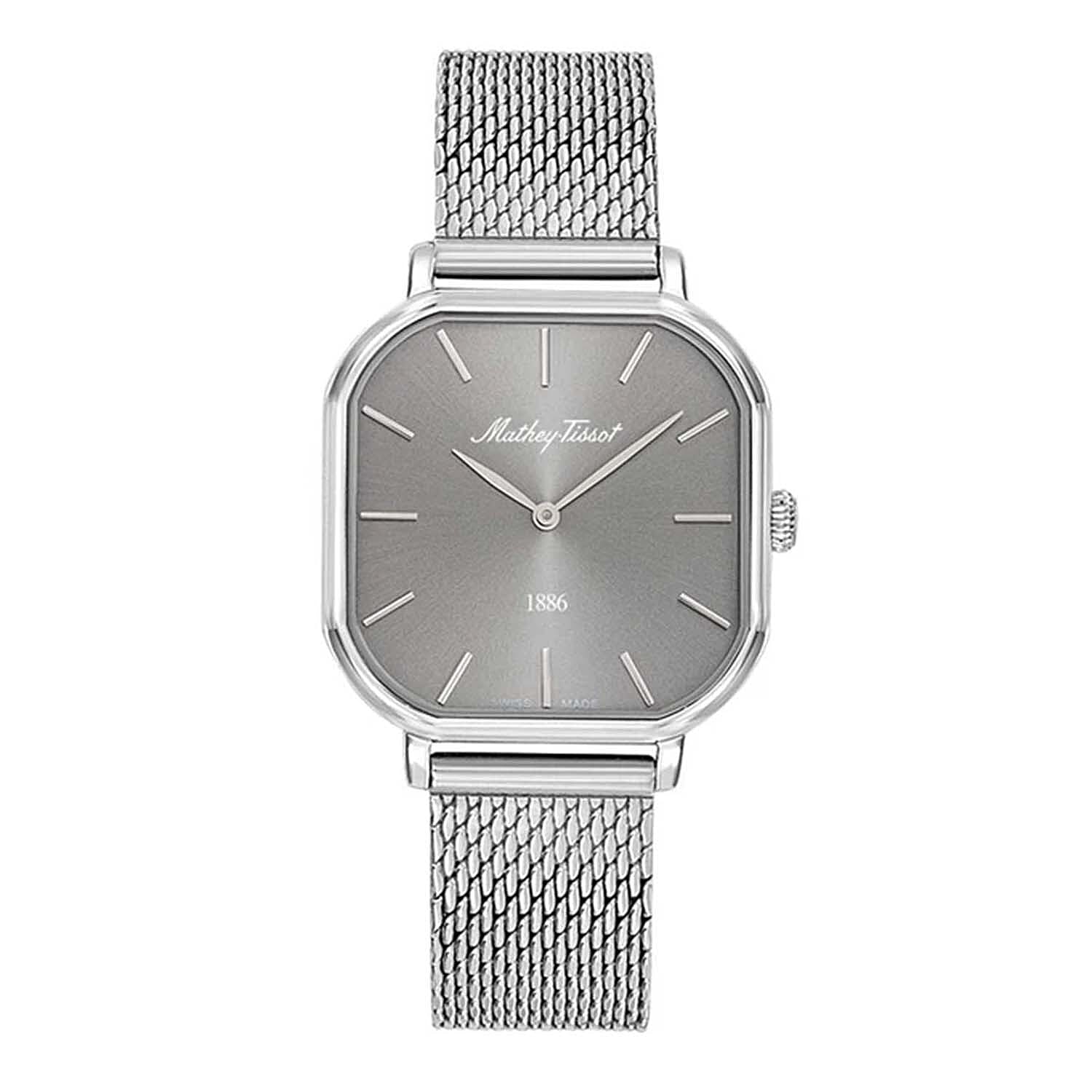 Mathey Tissot Monsoon Square Swiss Movt. 3ATM WR Grey Dial Ladies Watch with Silver Colour Stainless Steel Mesh Strap
