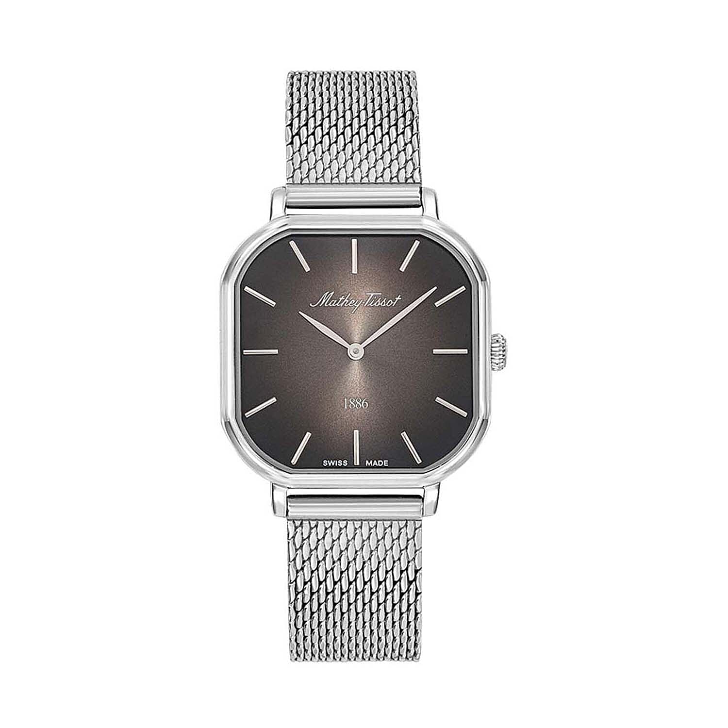 Mathey Tissot Monsoon Square Swiss Movt. 3ATM WR Black Dial Ladies Watch with Silver Colour Stainless Steel Mesh Strap