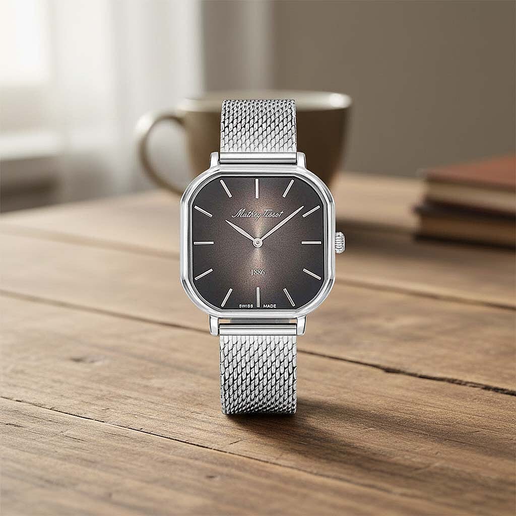 Mathey Tissot Monsoon Square Swiss Movt. 3ATM WR Black Dial Ladies Watch with Silver Colour Stainless Steel Mesh Strap