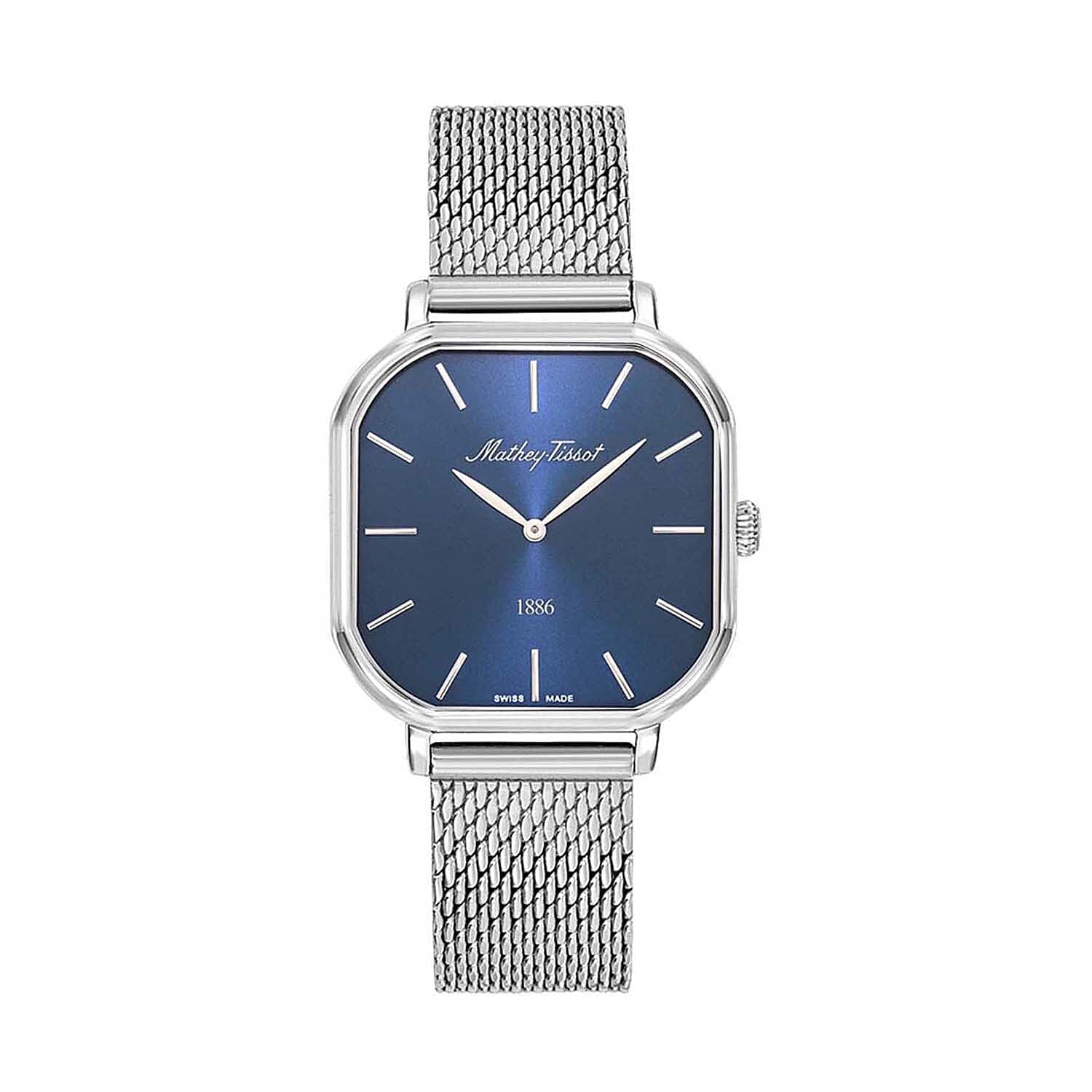 Mathey Tissot Monsoon Square Swiss Movt. 3ATM WR Blue Dial Ladies Watch with Silver Colour Stainless Steel Mesh Strap