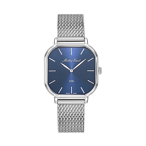 Mathey Tissot Monsoon Square Swiss Movt. 3ATM WR Blue Dial Ladies Watch with Silver Colour Stainless Steel Mesh Strap