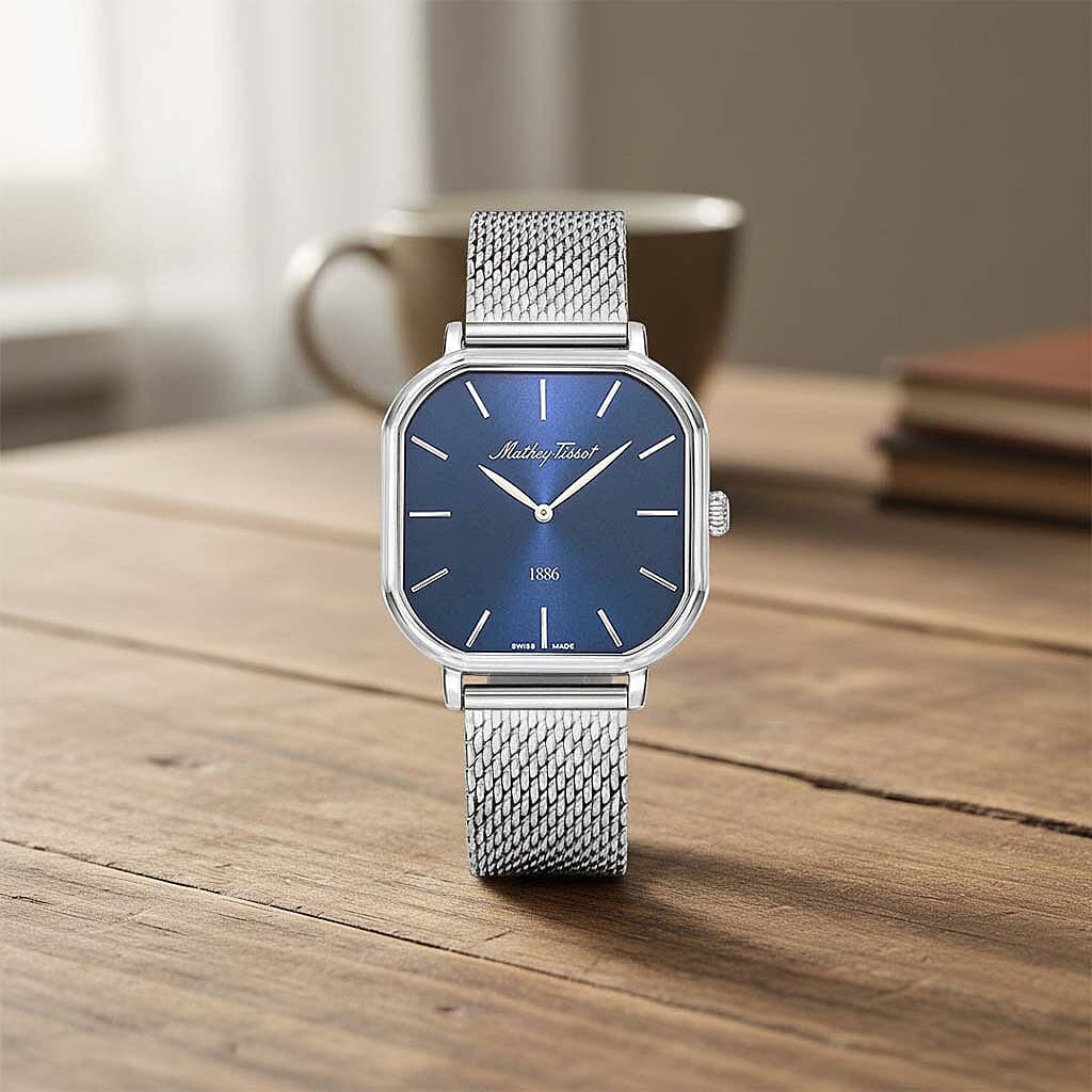 Mathey Tissot Monsoon Square Swiss Movt. 3ATM WR Blue Dial Ladies Watch with Silver Colour Stainless Steel Mesh Strap