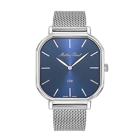 Mathey Tissot Monsoon Square Swiss Movt. 3ATM WR Blue Dial Ladies Watch with Silver Colour Stainless Steel Mesh Strap