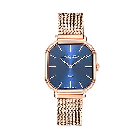 Mathey Tissot Monsoon Square Swiss Movt. 3ATM WR Blue Dial Ladies Watch with Rose Colour Stainless Steel Mesh Strap