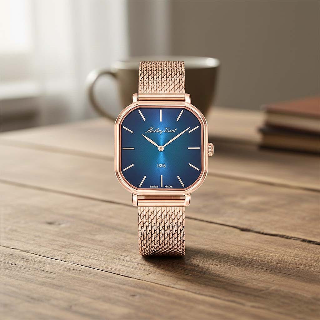 Mathey Tissot Monsoon Square Swiss Movt. 3ATM WR Blue Dial Ladies Watch with Rose Colour Stainless Steel Mesh Strap