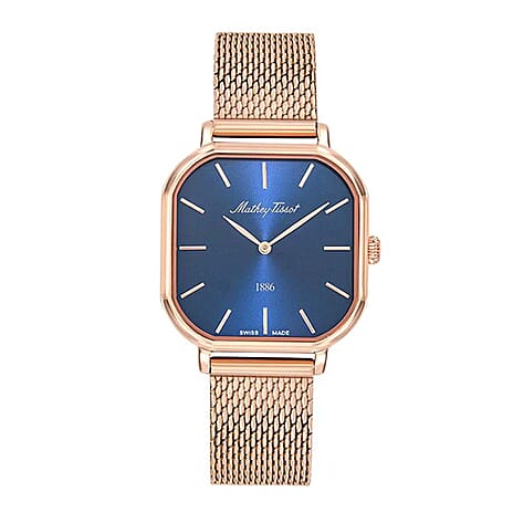 Mathey Tissot Monsoon Square Swiss Movt. 3ATM WR Blue Dial Ladies Watch with Rose Colour Stainless Steel Mesh Strap