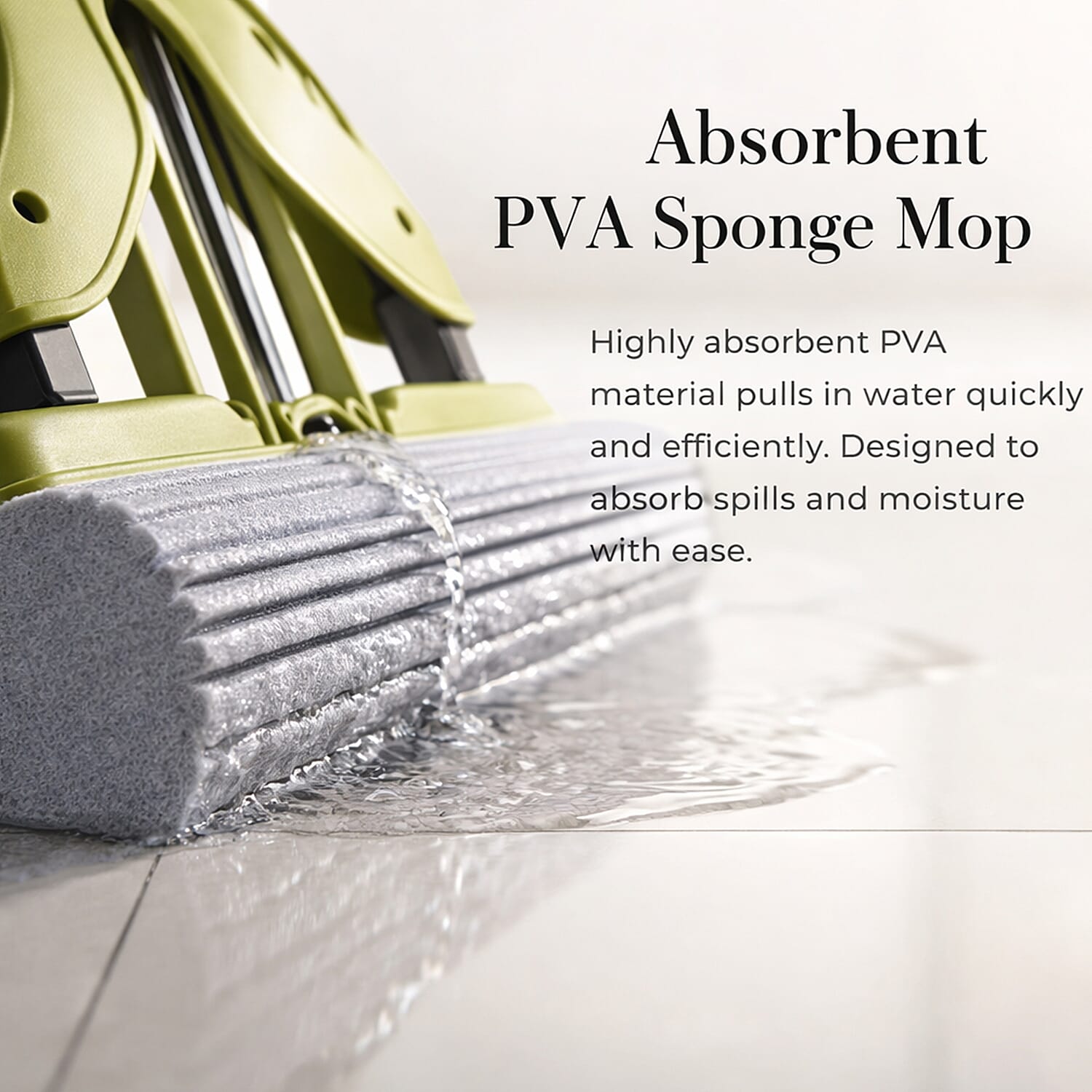 Floor Mop for Easy Squeeze! - Absorbent PVA, 3-Section Stainless Steel Handle Plus Extra Head (122cm) - Green