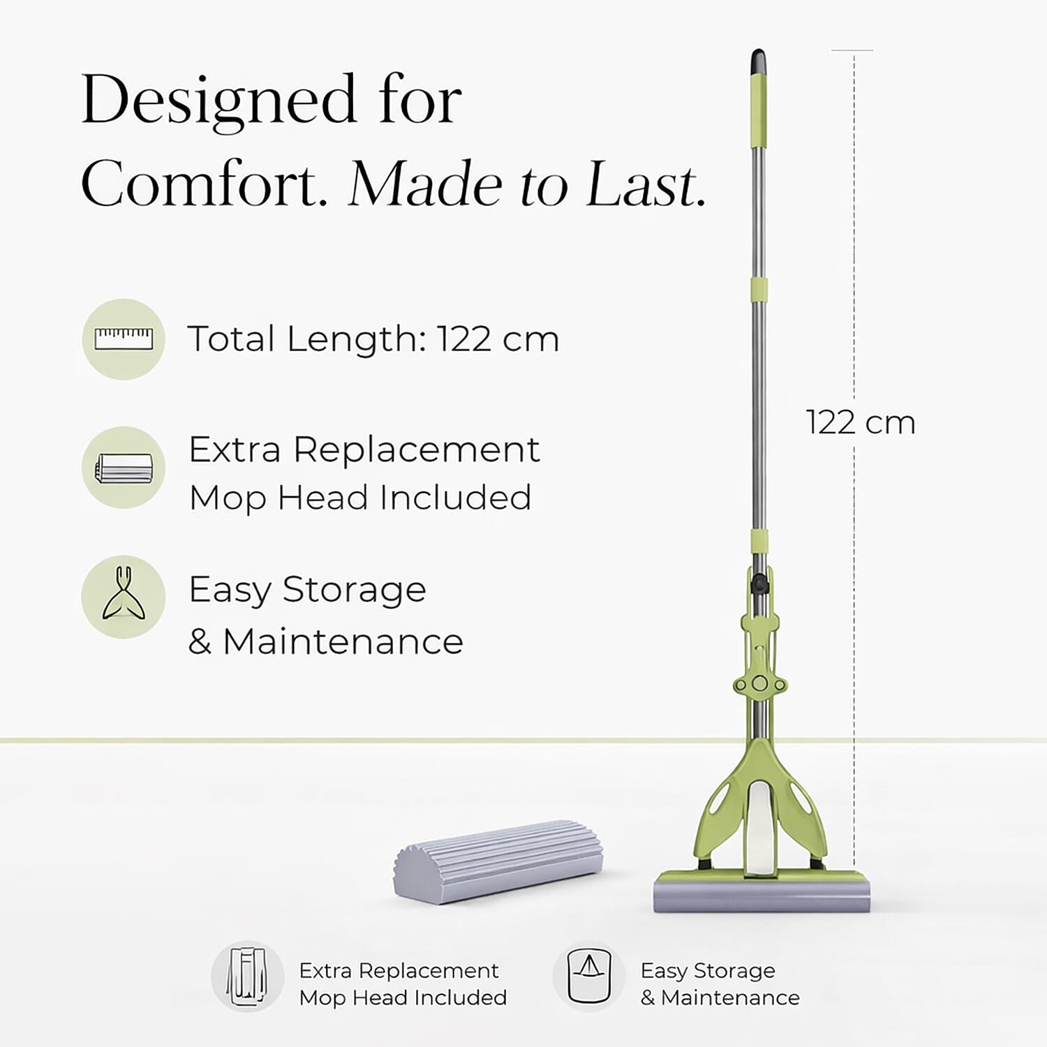 Floor Mop for Easy Squeeze! - Absorbent PVA, 3-Section Stainless Steel Handle Plus Extra Head (122cm) - Green
