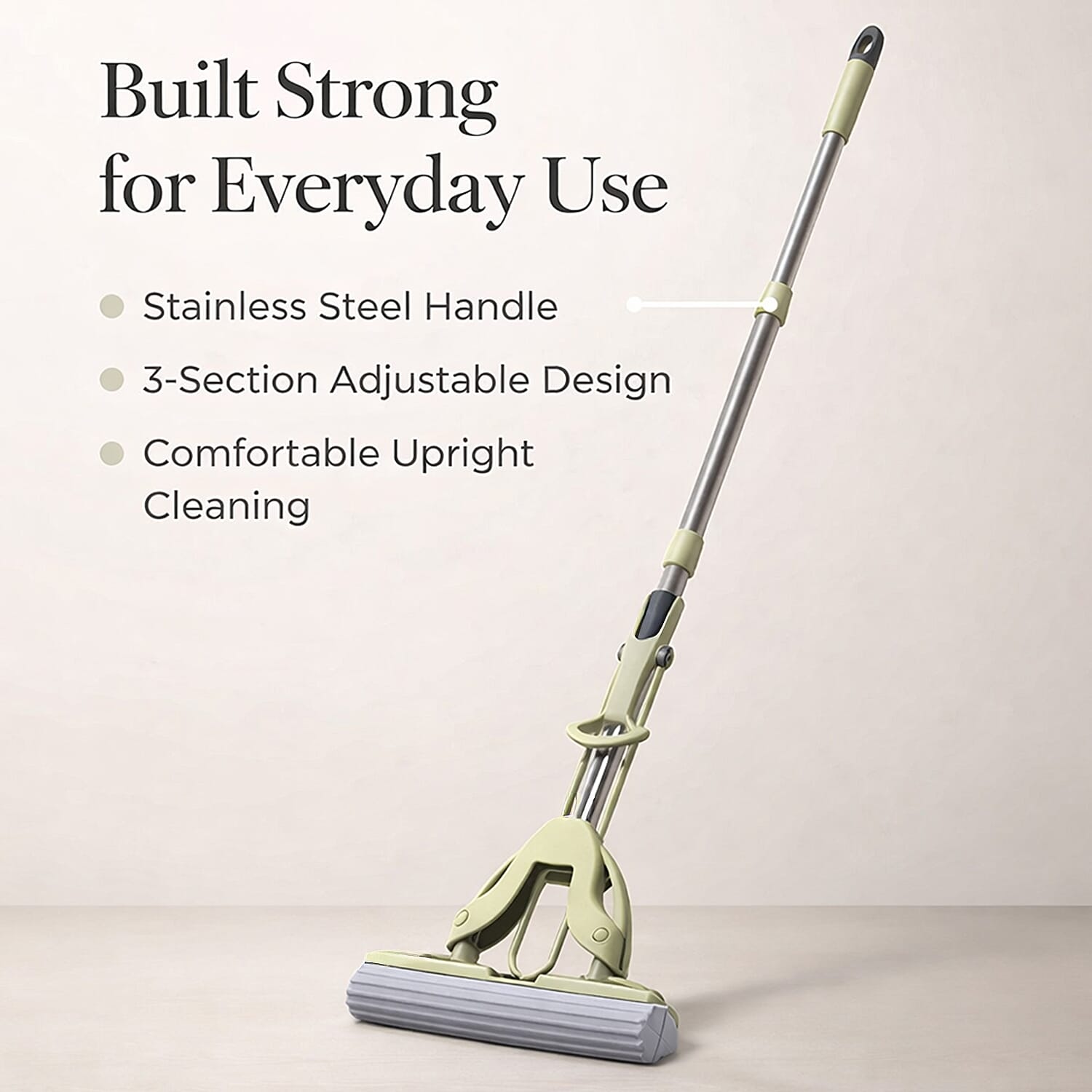Floor Mop for Easy Squeeze! - Absorbent PVA, 3-Section Stainless Steel Handle Plus Extra Head (122cm) - Green