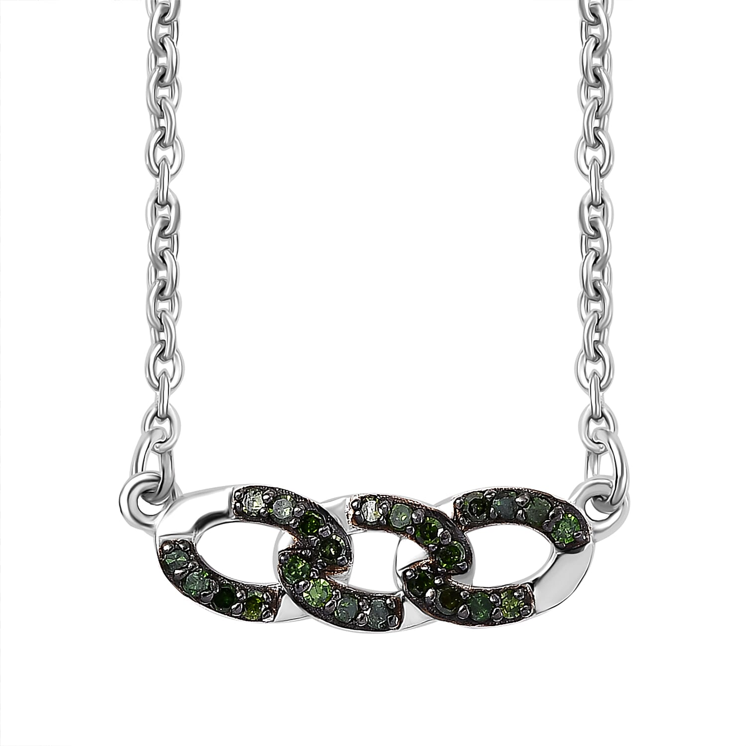 Green Diamond Necklace (Size - 20) with Lobster Clasp in Rhodium Overlay Sterling Silver 0.20 Ct