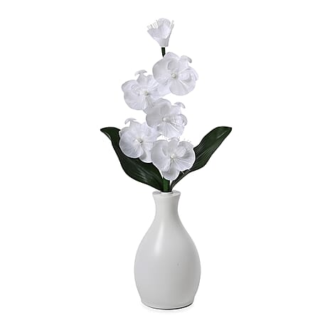 Fiber Optic LED Orchid Flower with Cloth Petals & Plastic Base - Light-Up Decorative Display (3xAA Battery, Not Incl.) - White