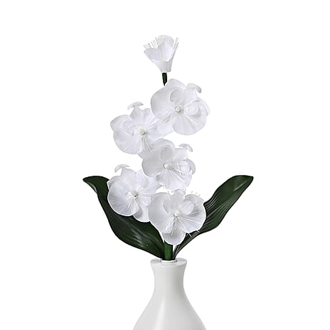 Fiber Optic LED Orchid Flower with Cloth Petals & Plastic Base - Light-Up Decorative Display (3xAA Battery, Not Incl.) - White