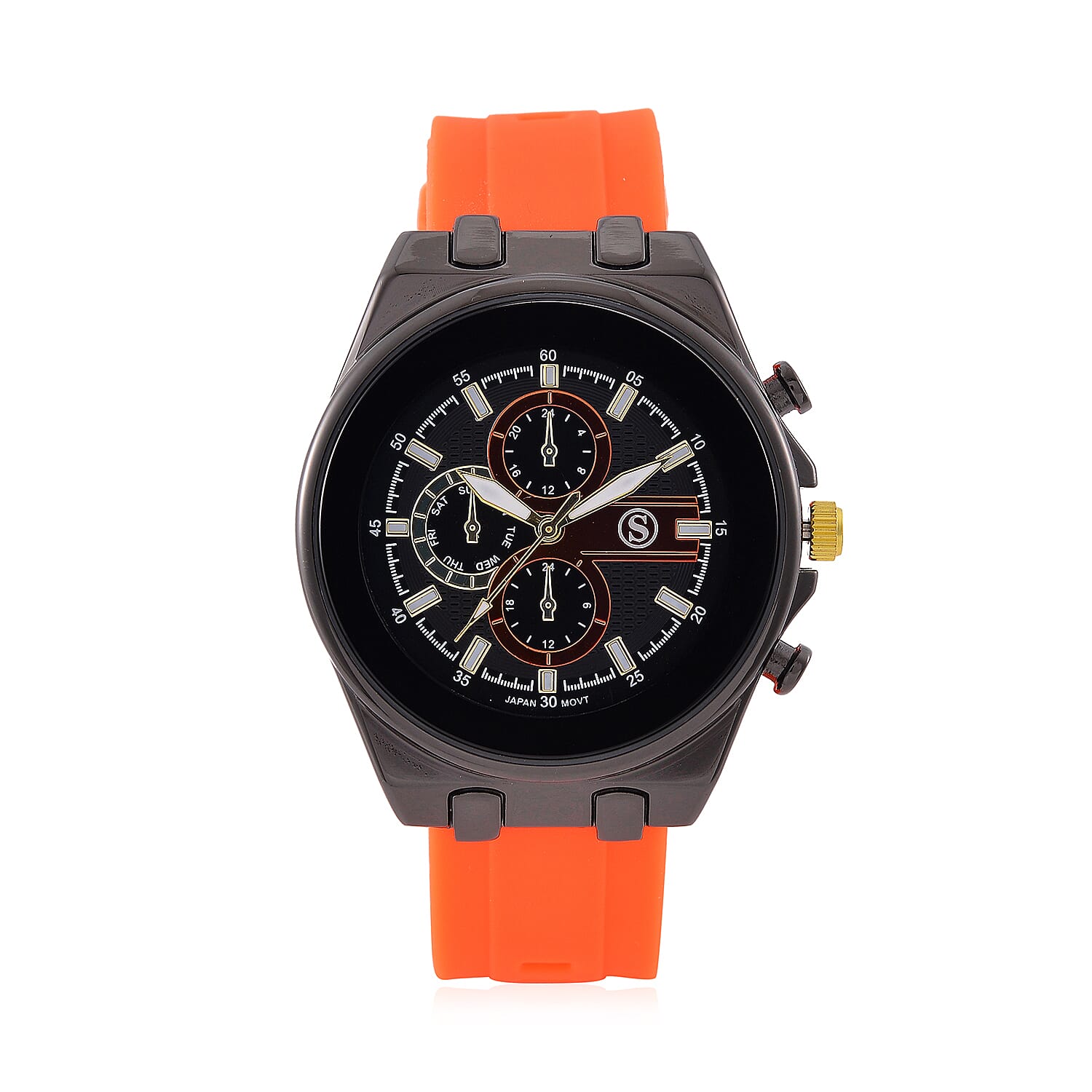 STRADA Japanese Movement Water Resistant Black Hydraulic Dial Watch with Orange Colour Silicone Strap