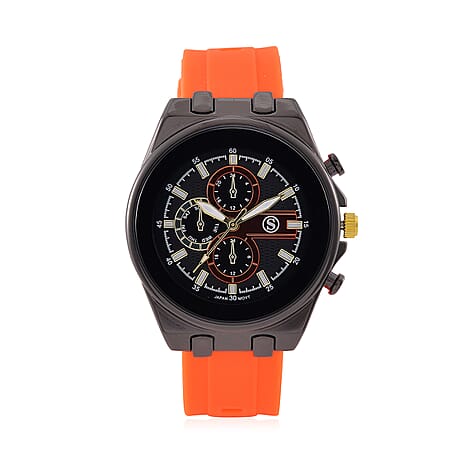 STRADA Japanese Movement Water Resistant Black Hydraulic Dial Watch with Orange Colour Silicone Strap