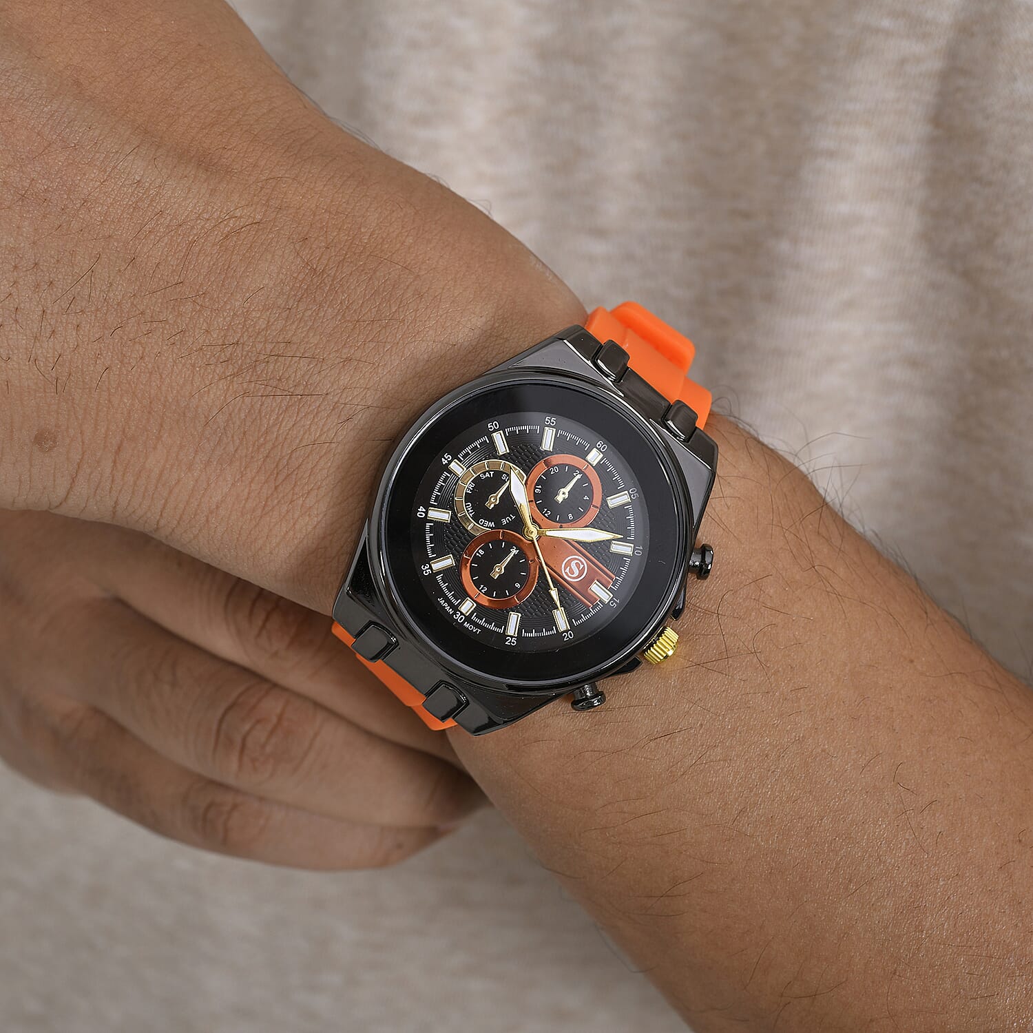 STRADA Japanese Movement Water Resistant Black Hydraulic Dial Watch with Orange Colour Silicone Strap