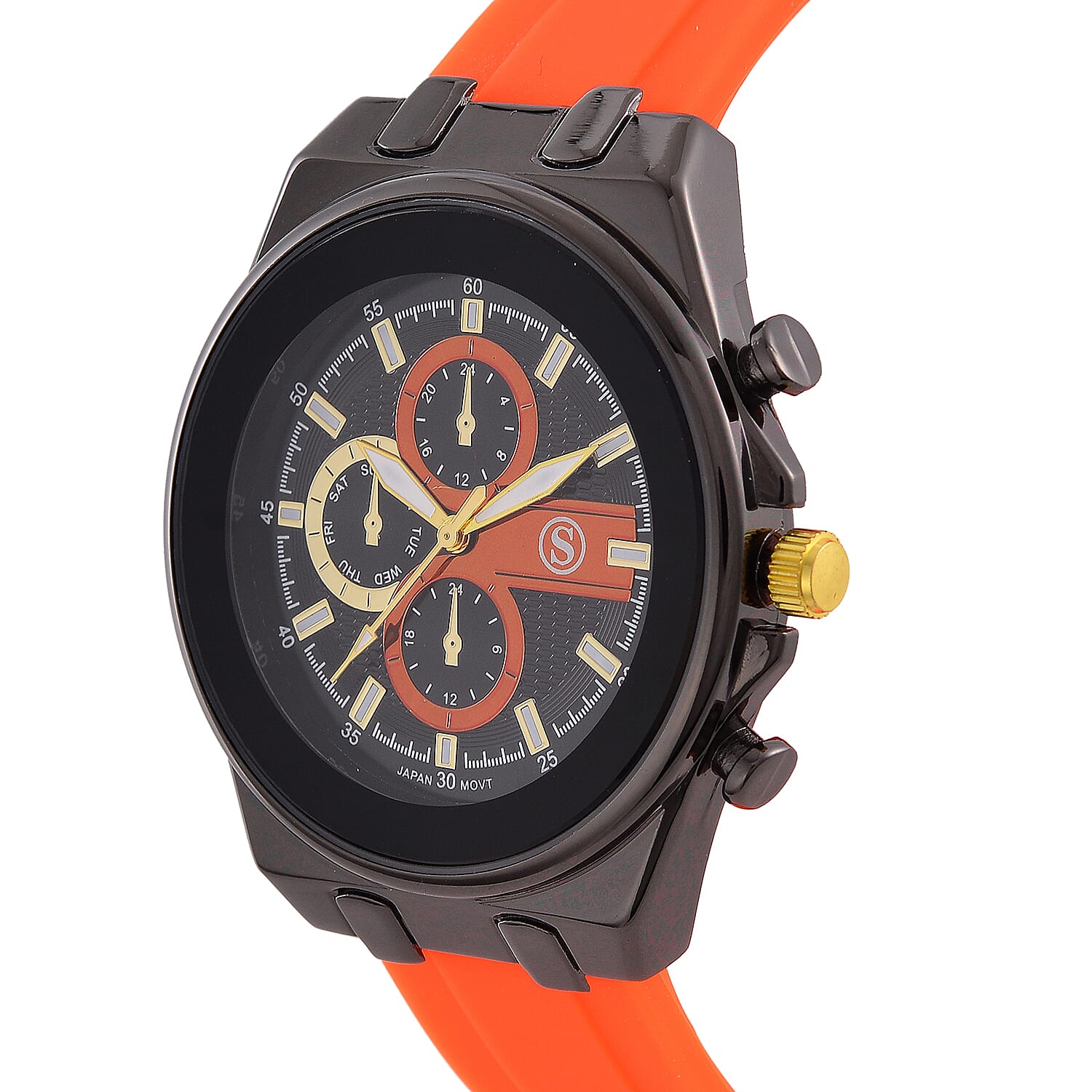 STRADA Japanese Movement Water Resistant Black Hydraulic Dial Watch with Orange Colour Silicone Strap