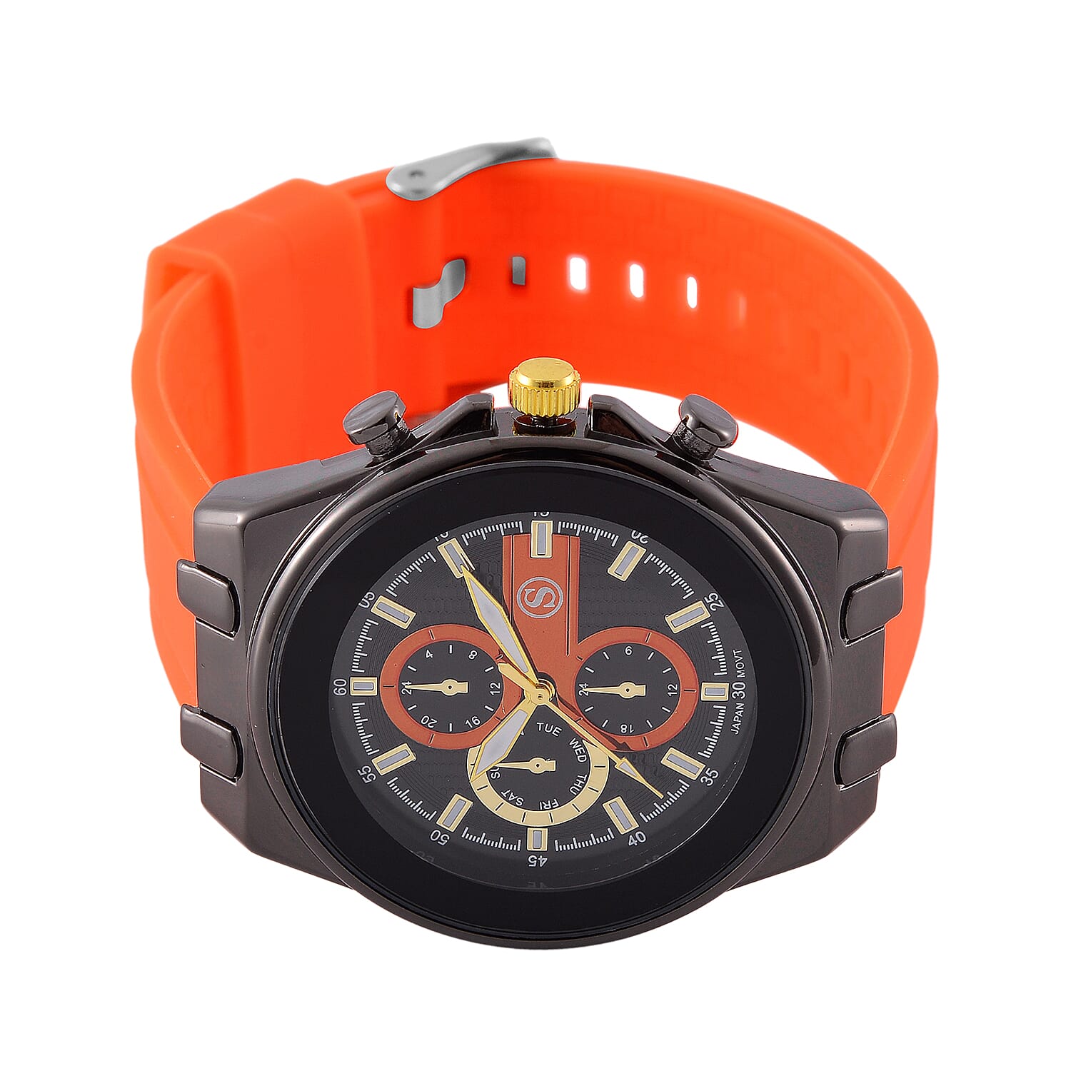STRADA Japanese Movement Water Resistant Black Hydraulic Dial Watch with Orange Colour Silicone Strap