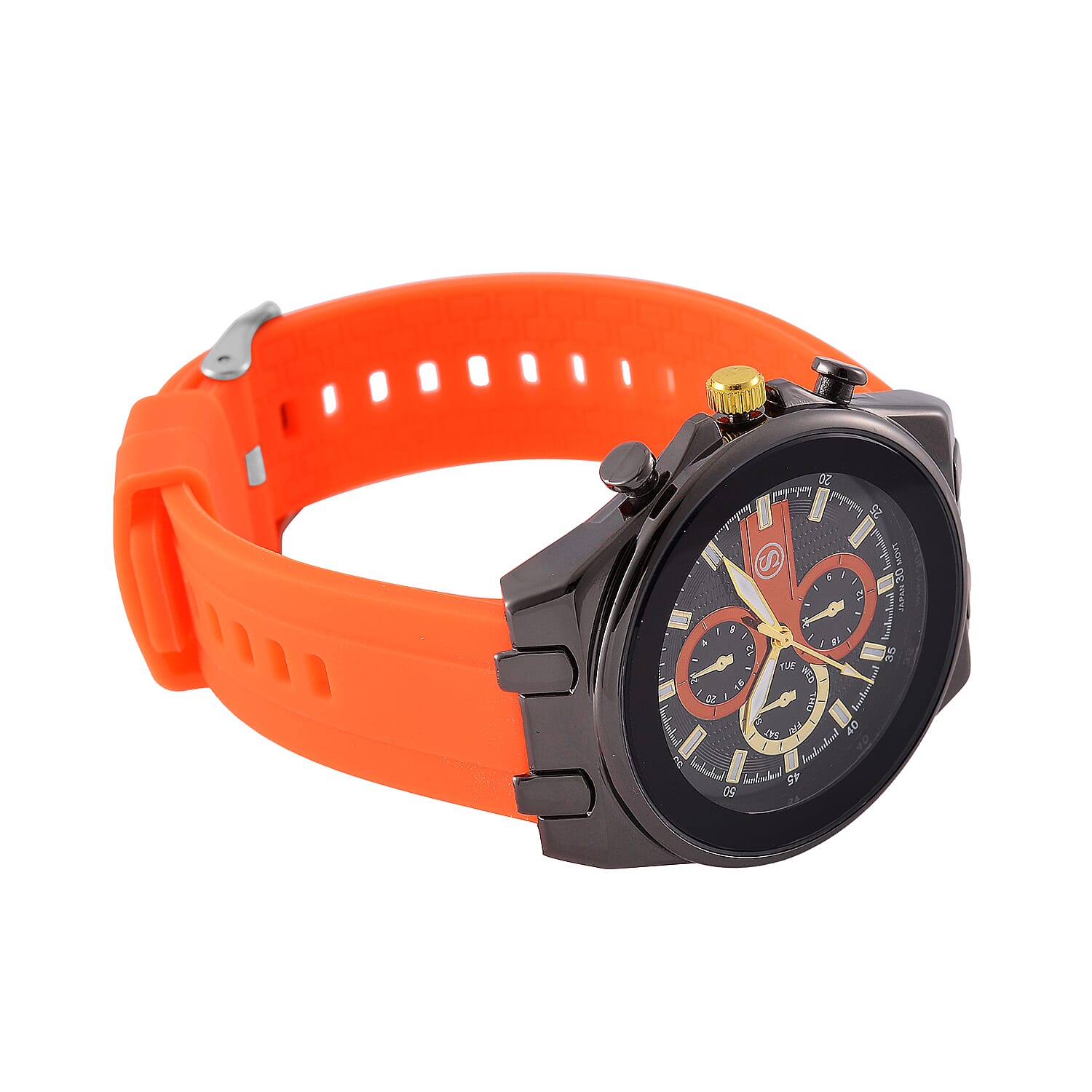 STRADA Japanese Movement Water Resistant Black Hydraulic Dial Watch with Orange Colour Silicone Strap