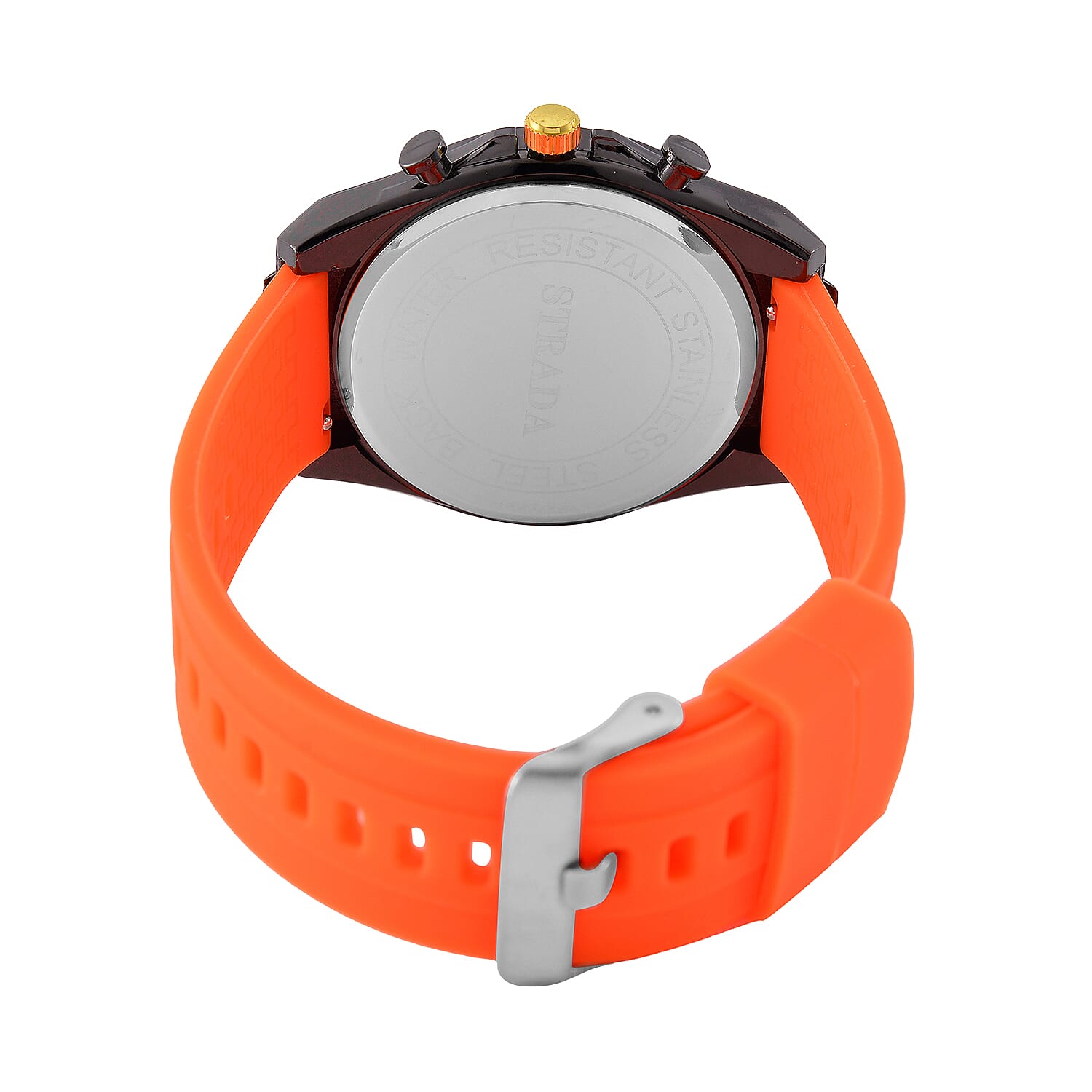 STRADA Japanese Movement Water Resistant Black Hydraulic Dial Watch with Orange Colour Silicone Strap