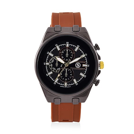 STRADA Japanese Movement Water Resistant Black Hydraulic Dial Watch with Brown Colour Silicone Strap
