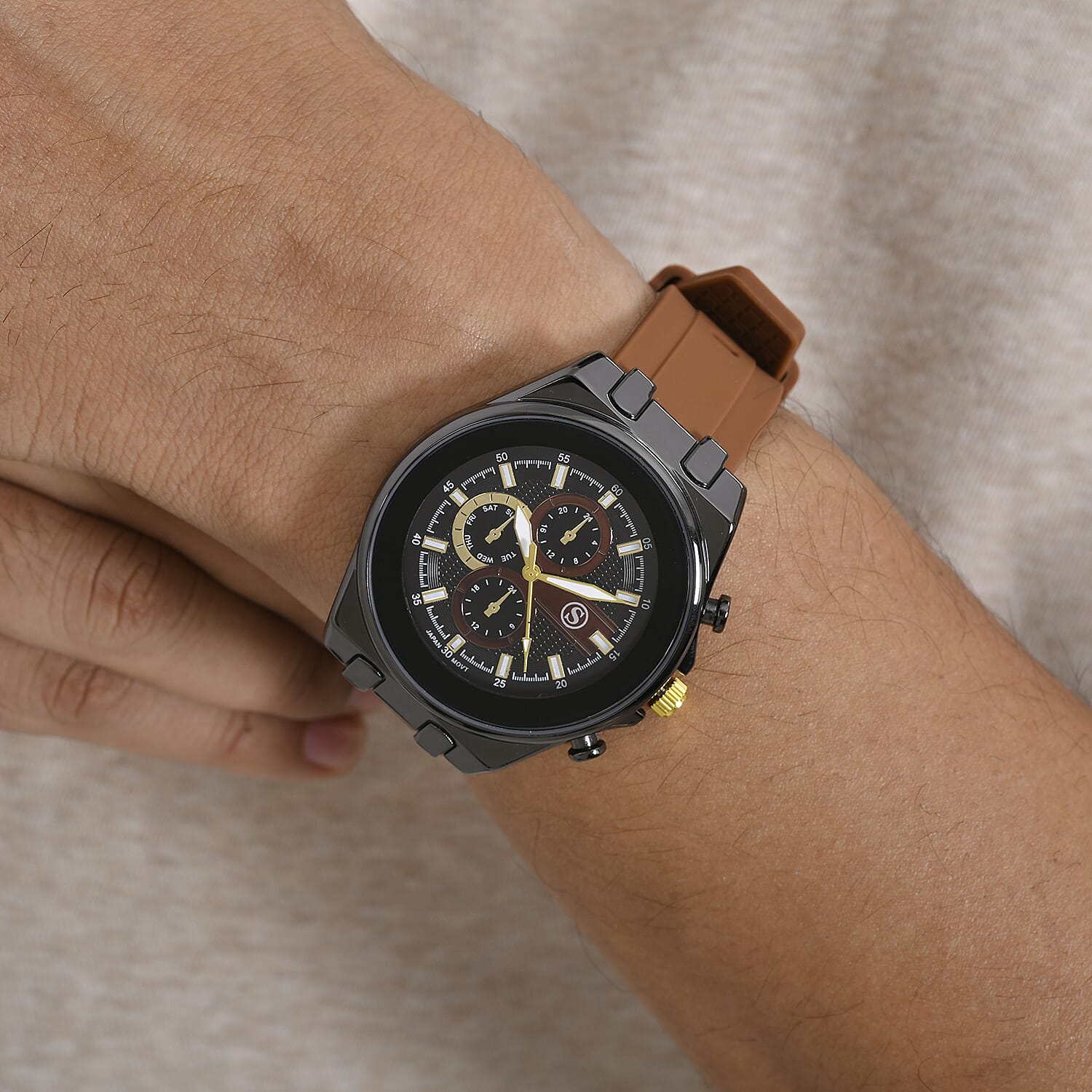 STRADA Japanese Movement Water Resistant Black Hydraulic Dial Watch with Brown Colour Silicone Strap