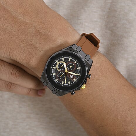STRADA Japanese Movement Water Resistant Black Hydraulic Dial Watch with Brown Colour Silicone Strap