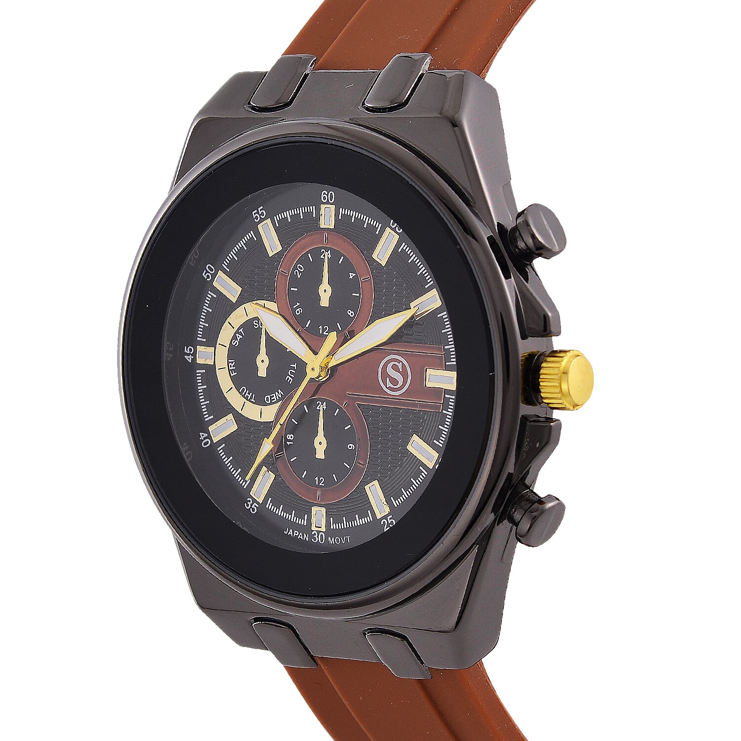 STRADA Japanese Movement Water Resistant Black Hydraulic Dial Watch with Brown Colour Silicone Strap