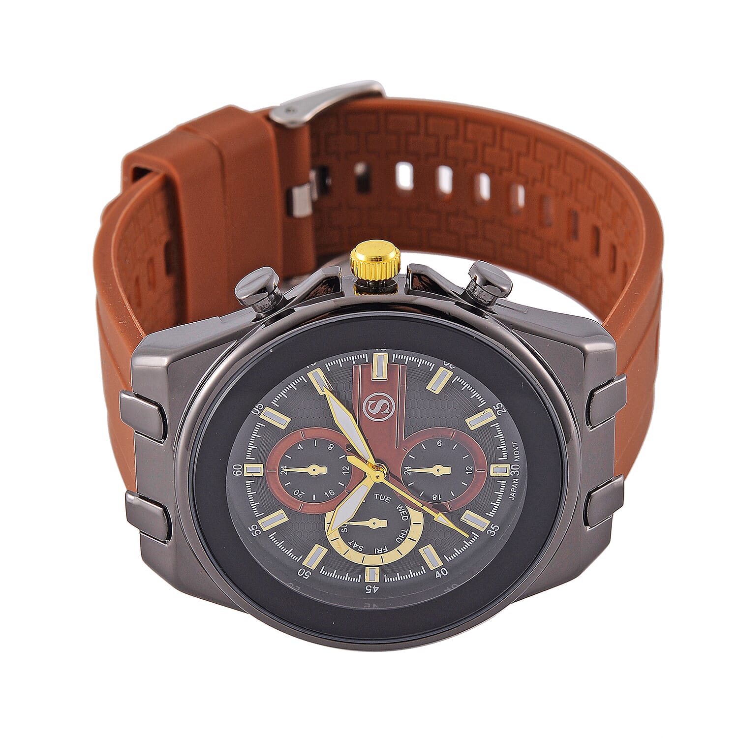 STRADA Japanese Movement Water Resistant Black Hydraulic Dial Watch with Brown Colour Silicone Strap