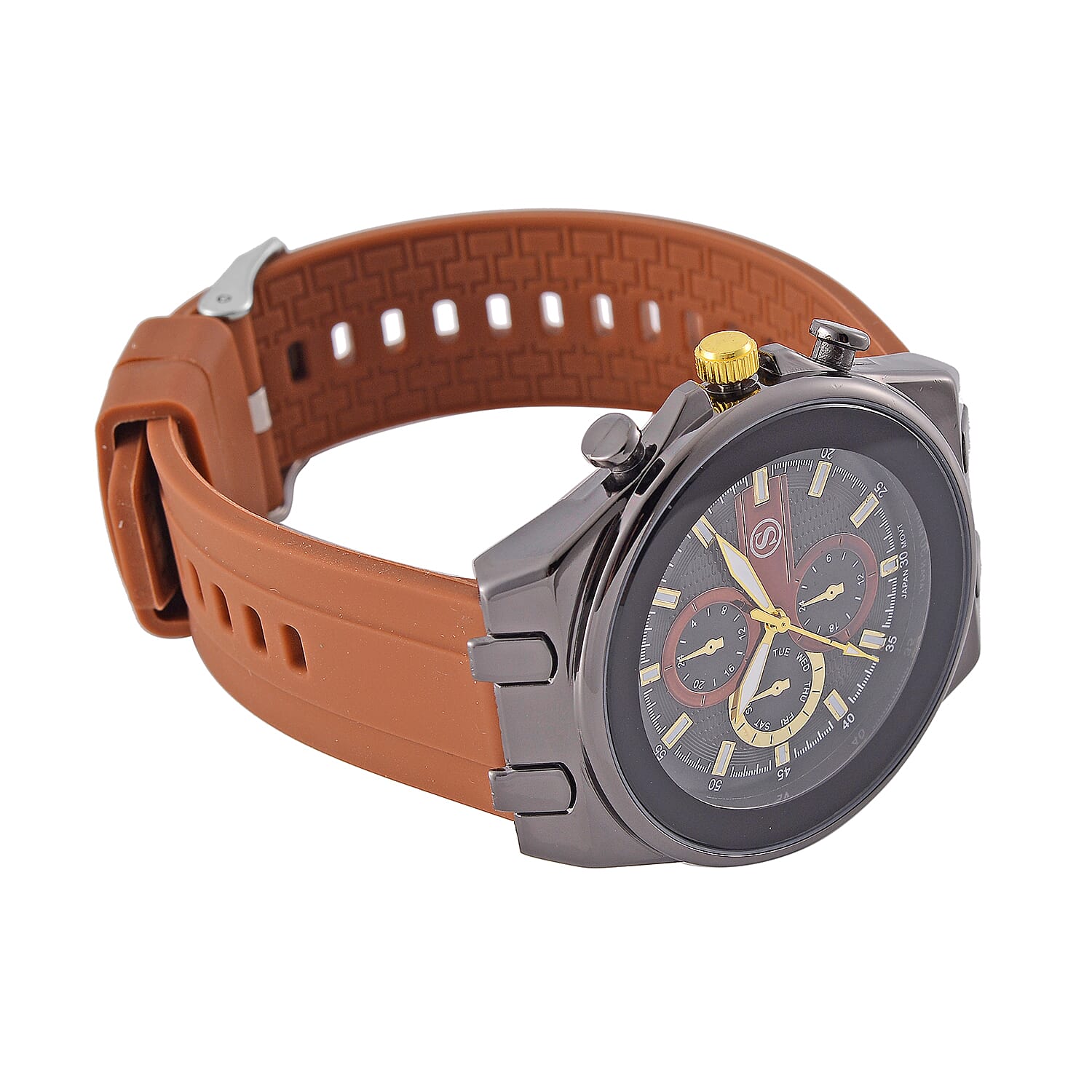 STRADA Japanese Movement Water Resistant Black Hydraulic Dial Watch with Brown Colour Silicone Strap