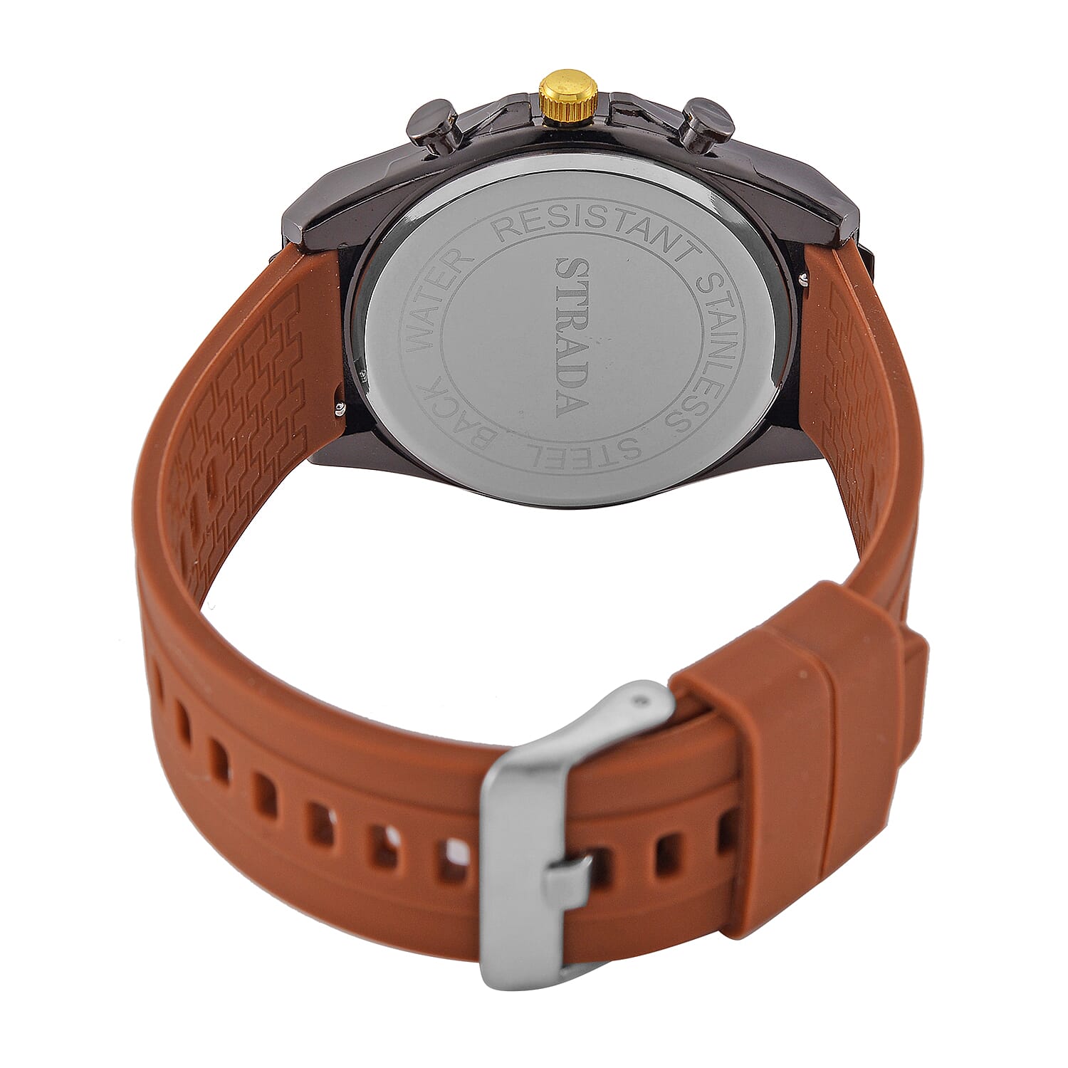 STRADA Japanese Movement Water Resistant Black Hydraulic Dial Watch with Brown Colour Silicone Strap
