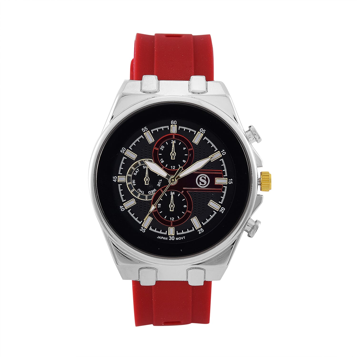 STRADA Japanese Movement Water Resistant Black Hydraulic Dial Watch with Red Colour Silicone Strap