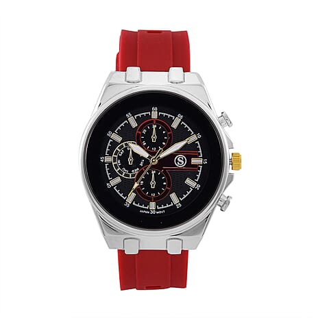 STRADA Japanese Movement Water Resistant Black Hydraulic Dial Watch with Red Colour Silicone Strap