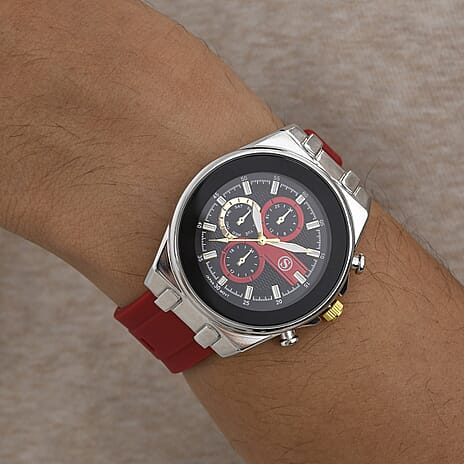 STRADA Japanese Movement Water Resistant Black Hydraulic Dial Watch with Red Colour Silicone Strap