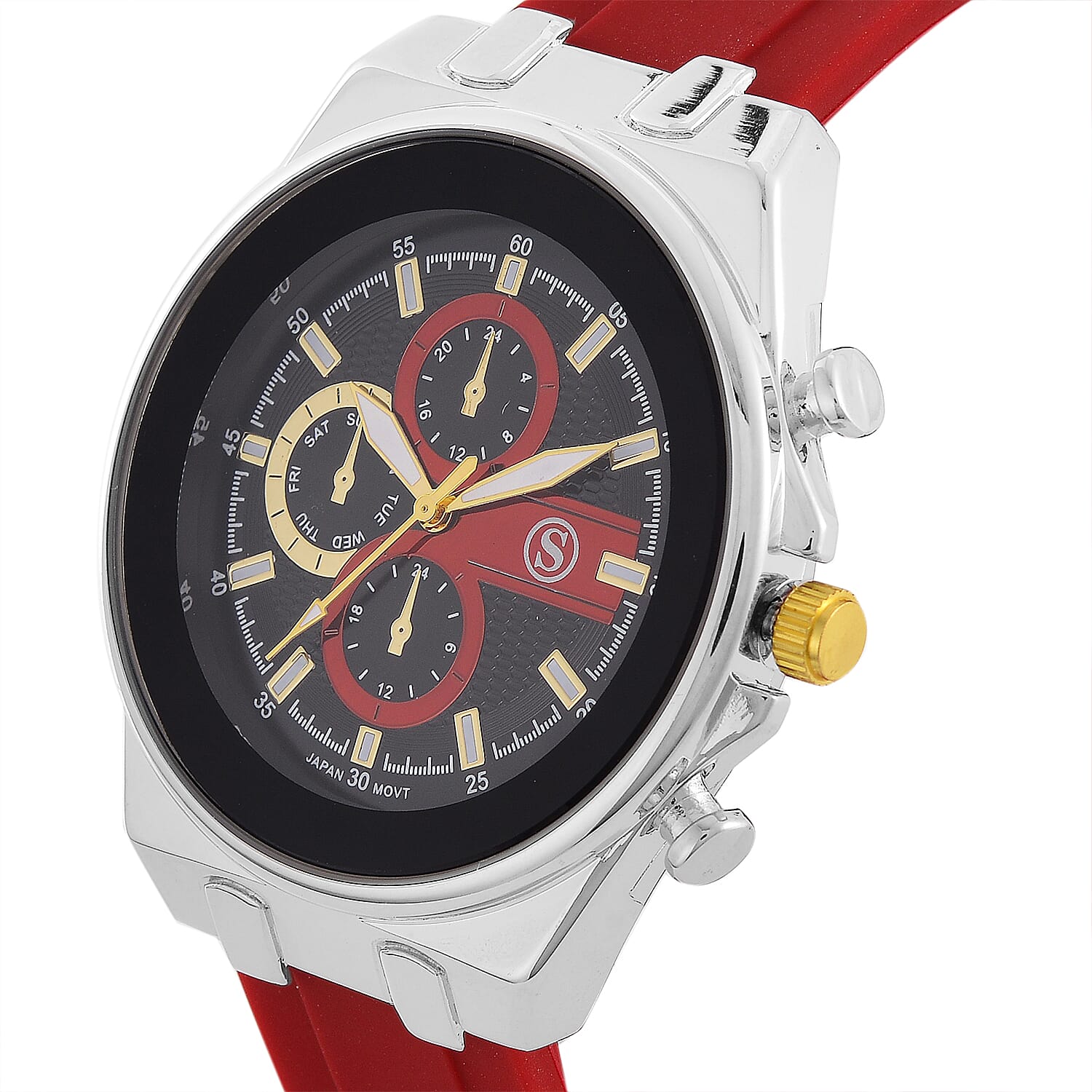 STRADA Japanese Movement Water Resistant Black Hydraulic Dial Watch with Red Colour Silicone Strap